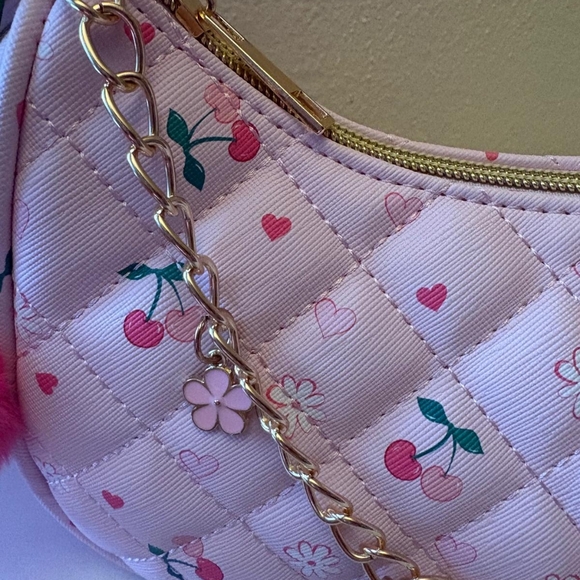 Y2K Pink Quilted Baguette Bag Cherry Print with Pom Pom Charm- NWT Under One Sky - Picture 11 of 11